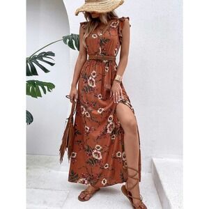 boho Floral Print Ruffle Slit Thigh maxi Dress (Without Belt) rust orange